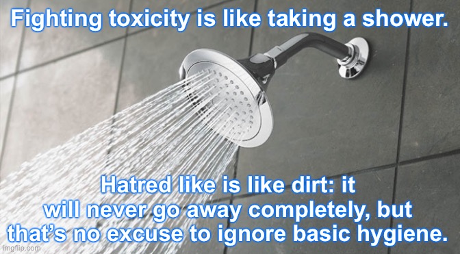 I had a shower thought | Fighting toxicity is like taking a shower. Hatred like is like dirt: it will never go away completely, but that’s no excuse to ignore basic hygiene. | image tagged in shower thoughts,shower,hate,harassment,cyberbullying,hygiene | made w/ Imgflip meme maker