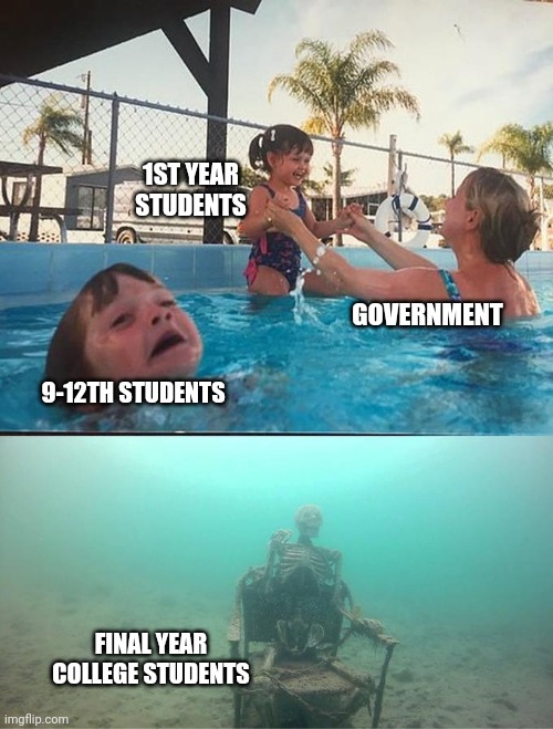 Drowning kid in the pool | 1ST YEAR STUDENTS; GOVERNMENT; 9-12TH STUDENTS; FINAL YEAR COLLEGE STUDENTS | image tagged in drowning kid in the pool | made w/ Imgflip meme maker