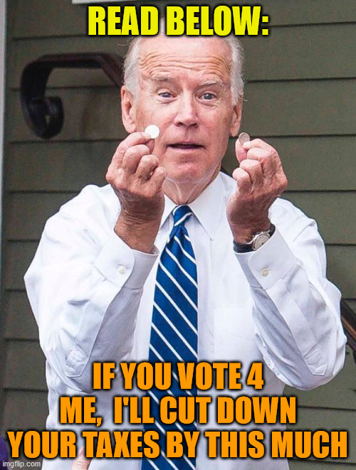 Joe Biden | READ BELOW:; IF YOU VOTE 4 ME,  I'LL CUT DOWN YOUR TAXES BY THIS MUCH | image tagged in joe biden | made w/ Imgflip meme maker