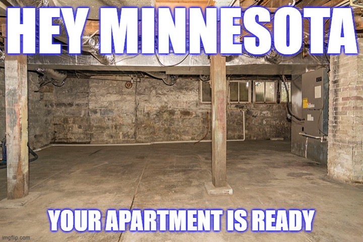 Basement Apartment | HEY MINNESOTA; YOUR APARTMENT IS READY | image tagged in vikings,minnesota vikings,basement apartment,apartment,nfc north division trash talk | made w/ Imgflip meme maker