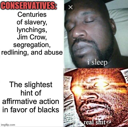 conservatives are really getting woke to this racism thing | CONSERVATIVES: | image tagged in racism,racists,segregation,civil rights,conservative logic,sleeping shaq | made w/ Imgflip meme maker