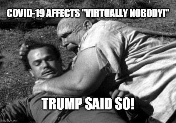 covid virtually nobody | COVID-19 AFFECTS "VIRTUALLY NOBODY!"; TRUMP SAID SO! | image tagged in covid-19 | made w/ Imgflip meme maker