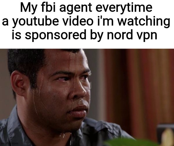 Always happens | My fbi agent everytime a youtube video i'm watching is sponsored by nord vpn | image tagged in sweating bullets,memes | made w/ Imgflip meme maker