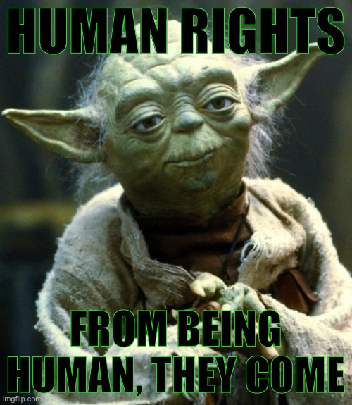 Where do human rights come from? | HUMAN RIGHTS FROM BEING HUMAN, THEY COME | image tagged in memes,star wars yoda,human rights,philosophy,humanity,equal rights | made w/ Imgflip meme maker