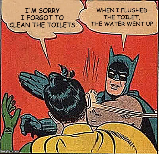 I'M SORRY I FORGOT TO CLEAN THE TOILETS WHEN I FLUSHED THE TOILET, THE WATER WENT UP | image tagged in memes,batman slapping robin | made w/ Imgflip meme maker
