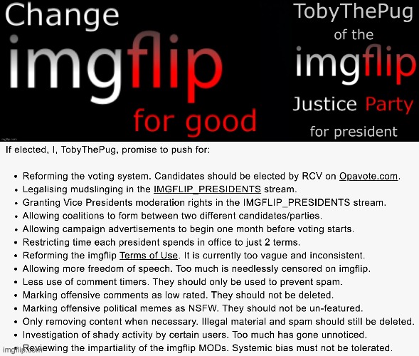 Vote TobyThePug of the imgflip Justice Party for president on October 29 | image tagged in memes | made w/ Imgflip meme maker