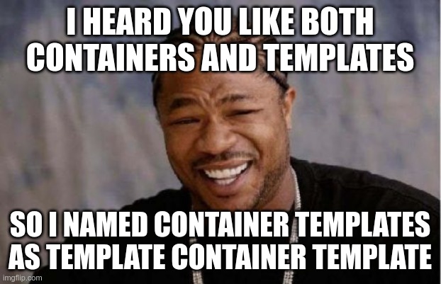 Yo Dawg Heard You Meme | I HEARD YOU LIKE BOTH CONTAINERS AND TEMPLATES; SO I NAMED CONTAINER TEMPLATES AS TEMPLATE CONTAINER TEMPLATE | image tagged in memes,yo dawg heard you | made w/ Imgflip meme maker