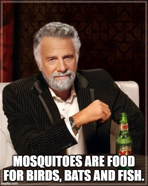 The Most Interesting Man In The World Meme | MOSQUITOES ARE FOOD FOR BIRDS, BATS AND FISH. | image tagged in memes,the most interesting man in the world | made w/ Imgflip meme maker