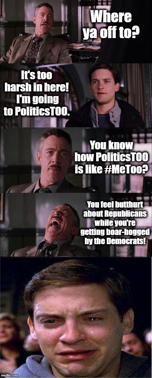 How is PoliticsTOO like #MeToo? | Where ya off to? It's too harsh in here!  I'm going to PoliticsTOO. You know how PoliticsTOO is like #MeToo? You feel butthurt about Republicans while you're getting boar-hogged by the Democrats! | image tagged in memes,peter parker cry,stupid liberals,politicstoo,snowflakes,sjw | made w/ Imgflip meme maker