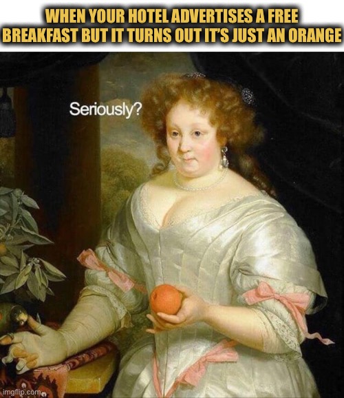 “Free” Breakfast.   Are you kidding me? | WHEN YOUR HOTEL ADVERTISES A FREE
BREAKFAST BUT IT TURNS OUT IT’S JUST AN ORANGE | image tagged in painting,breakfast,hotel,free,orange,disappointed | made w/ Imgflip meme maker