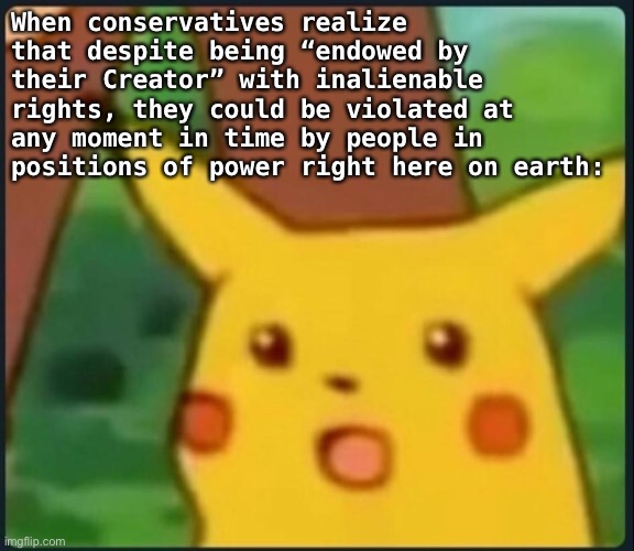 The face of those who’ve never had to wonder about their rights being in jeopardy or imagined about others’ | When conservatives realize that despite being “endowed by their Creator” with inalienable rights, they could be violated at any moment in time by people in positions of power right here on earth: | image tagged in surprised pikachu,human rights,equal rights,equality,conservative logic,racism | made w/ Imgflip meme maker
