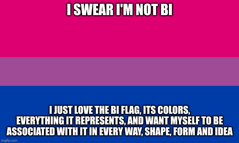 I SWEAR I'M NOT BI; I JUST LOVE THE BI FLAG, ITS COLORS, EVERYTHING IT REPRESENTS, AND WANT MYSELF TO BE ASSOCIATED WITH IT IN EVERY WAY, SHAPE, FORM AND IDEA | made w/ Imgflip meme maker