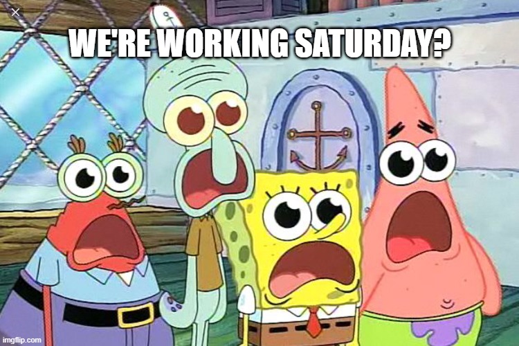 Working Saturday Surprise | WE'RE WORKING SATURDAY? | image tagged in wow shocking it is when | made w/ Imgflip meme maker