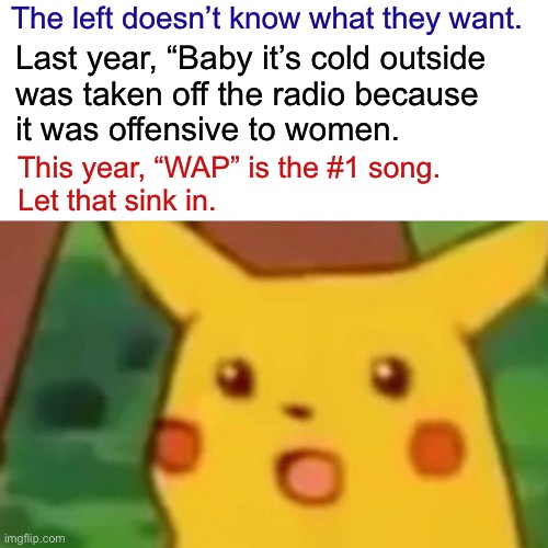 Only the left can have it both ways | The left doesn’t know what they want. Last year, “Baby it’s cold outside
was taken off the radio because
it was offensive to women. This year, “WAP” is the #1 song.
Let that sink in. | image tagged in memes,surprised pikachu,politics,left,baby its cold outside,wap | made w/ Imgflip meme maker