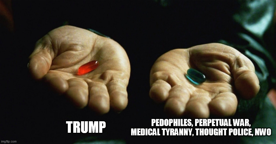 Choices | PEDOPHILES, PERPETUAL WAR, MEDICAL TYRANNY, THOUGHT POLICE, NWO; TRUMP | image tagged in red pill blue pill,pedophiles,war | made w/ Imgflip meme maker