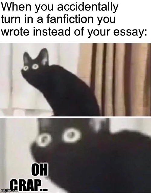 Whoopsie! | When you accidentally turn in a fanfiction you wrote instead of your essay:; OH CRAP... | image tagged in oh no black cat | made w/ Imgflip meme maker