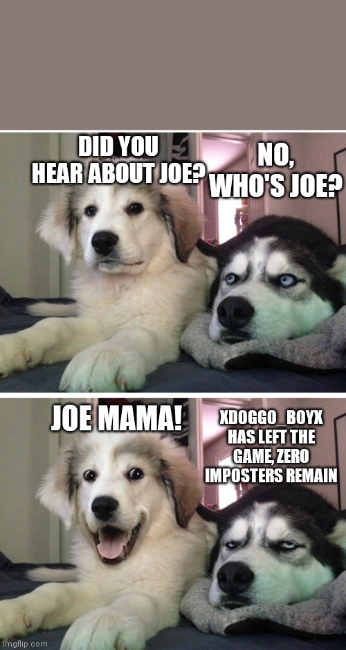 Imposter doggo | NO, WHO'S JOE? DID YOU HEAR ABOUT JOE? JOE MAMA! XDOGGO_BOYX HAS LEFT THE GAME, ZERO IMPOSTERS REMAIN | image tagged in bad pun dogs | made w/ Imgflip meme maker