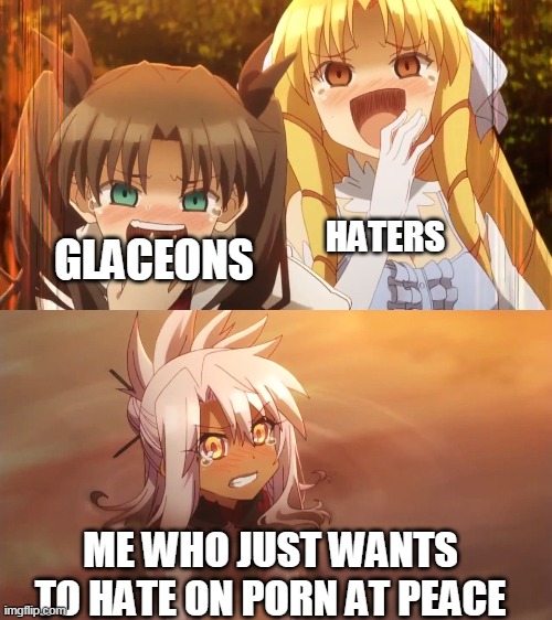 JUST STOP HATING ON ME ALREADY | HATERS; GLACEONS; ME WHO JUST WANTS TO HATE ON PORN AT PEACE | image tagged in fate/kaleid 2wei meme,memes,funny,hentai_haters | made w/ Imgflip meme maker