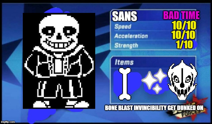 Sans will give bad time in sonic forces | BAD TIME; SANS; 10/10; 10/10; 1/10; BONE BLAST INVINCIBILITY GET DUNKED ON | image tagged in updated sonic forces meme battle,sans,undertale,memes,funny,genocide | made w/ Imgflip meme maker