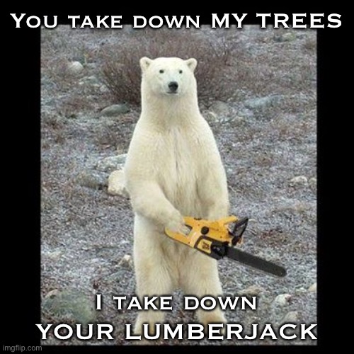 Chainsaw Bear Meme | You take down MY TREES; I take down YOUR LUMBERJACK | image tagged in memes,chainsaw bear | made w/ Imgflip meme maker
