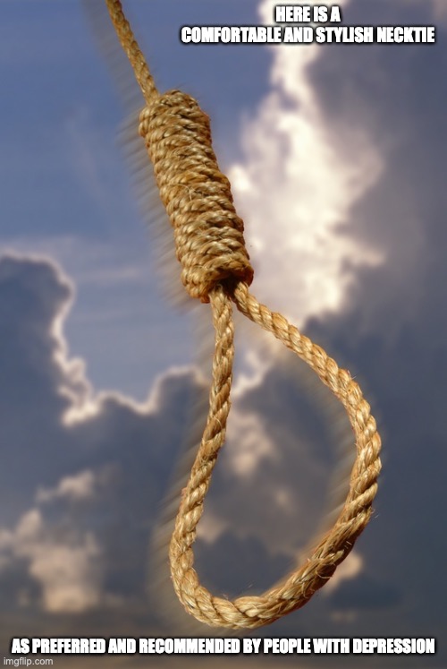 Noose | HERE IS A COMFORTABLE AND STYLISH NECKTIE; AS PREFERRED AND RECOMMENDED BY PEOPLE WITH DEPRESSION | image tagged in noose,depression,memes,suicide | made w/ Imgflip meme maker