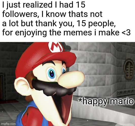 Thank you everyone <3 | I just realized I had 15 followers, I know thats not a lot but thank you, 15 people, for enjoying the memes i make <3; *happy mario | image tagged in happy mario,thank you,memes,unnecessary tags | made w/ Imgflip meme maker