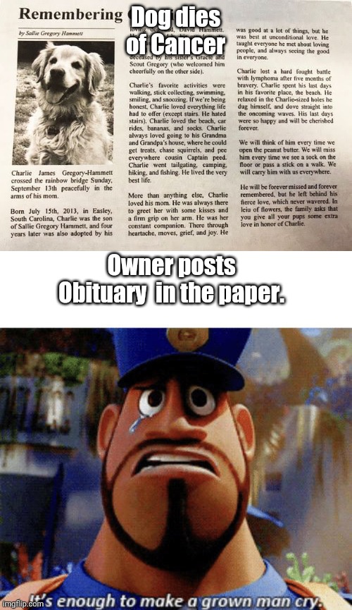 Probably done before but still... | Dog dies of Cancer; Owner posts Obituary  in the paper. | image tagged in it's enough to make a grown man cry | made w/ Imgflip meme maker