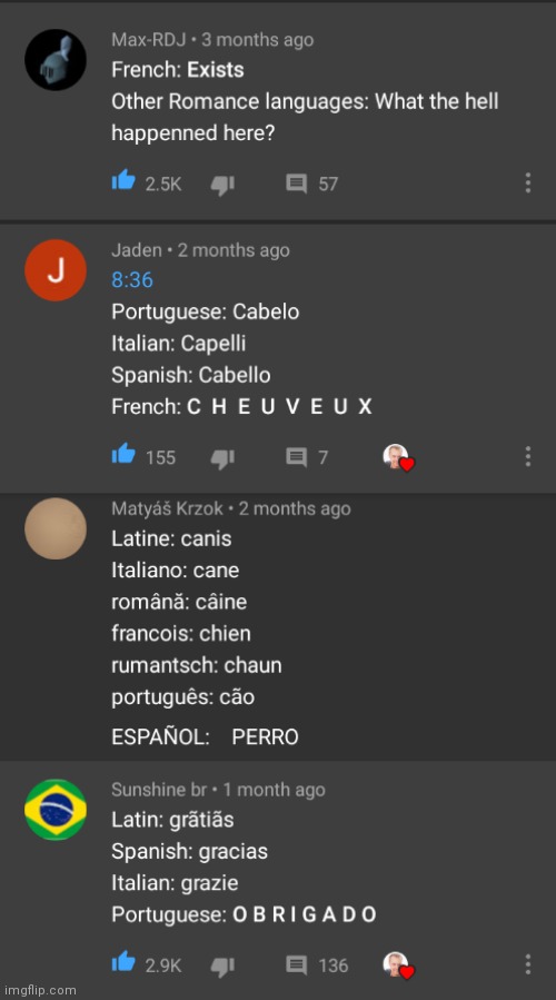 Some screenshots of Romance language vocab comparisons in youtube comments | made w/ Imgflip meme maker