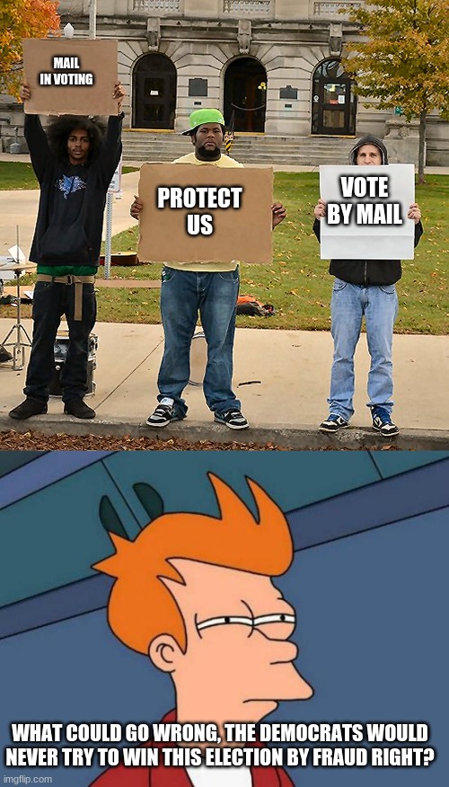i dont think they would | MAIL IN VOTING; VOTE BY MAIL; PROTECT US; WHAT COULD GO WRONG, THE DEMOCRATS WOULD NEVER TRY TO WIN THIS ELECTION BY FRAUD RIGHT? | image tagged in memes,futurama fry,3 demonstrators holding signs | made w/ Imgflip meme maker