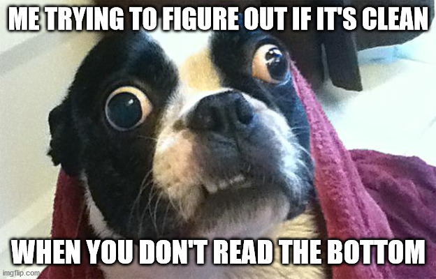 Confused Dog | ME TRYING TO FIGURE OUT IF IT'S CLEAN WHEN YOU DON'T READ THE BOTTOM | image tagged in confused dog | made w/ Imgflip meme maker