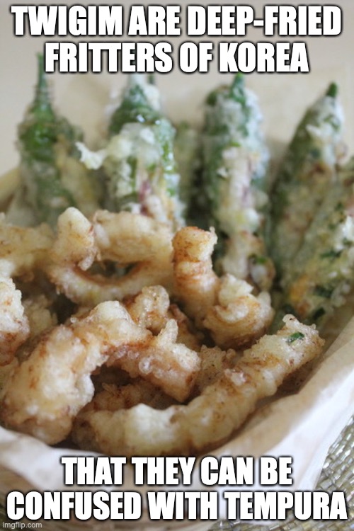 Twigim | TWIGIM ARE DEEP-FRIED FRITTERS OF KOREA; THAT THEY CAN BE CONFUSED WITH TEMPURA | image tagged in food,fritters,memes | made w/ Imgflip meme maker