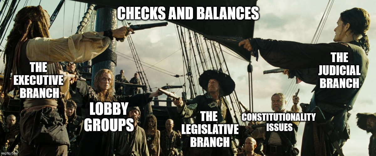 Checks and Balances | CHECKS AND BALANCES; THE
JUDICIAL
BRANCH; THE 
EXECUTIVE 
BRANCH; LOBBY
GROUPS; CONSTITUTIONALITY 
ISSUES; THE 
LEGISLATIVE
BRANCH | image tagged in pirates of the caribbean gun pointing | made w/ Imgflip meme maker