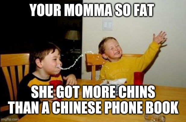 Yo mama so | YOUR MOMMA SO FAT; SHE GOT MORE CHINS THAN A CHINESE PHONE BOOK | image tagged in yo mama so | made w/ Imgflip meme maker