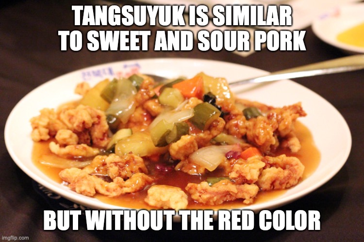 Tangsuyuk | TANGSUYUK IS SIMILAR TO SWEET AND SOUR PORK; BUT WITHOUT THE RED COLOR | image tagged in food,memes | made w/ Imgflip meme maker