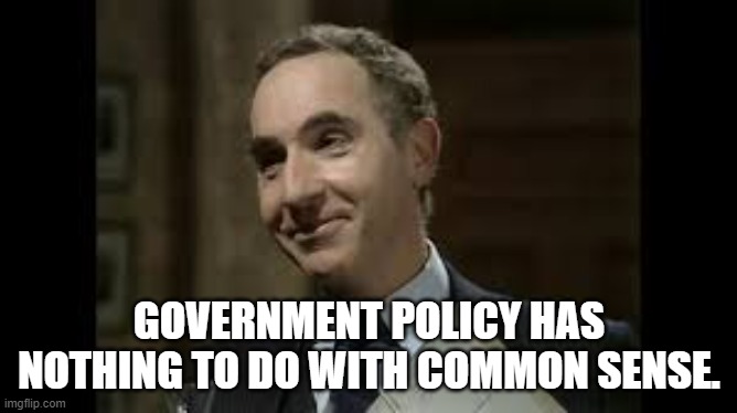 Common Sense? | GOVERNMENT POLICY HAS NOTHING TO DO WITH COMMON SENSE. | image tagged in yes minister,sir humphrey,government,policy,common sense | made w/ Imgflip meme maker