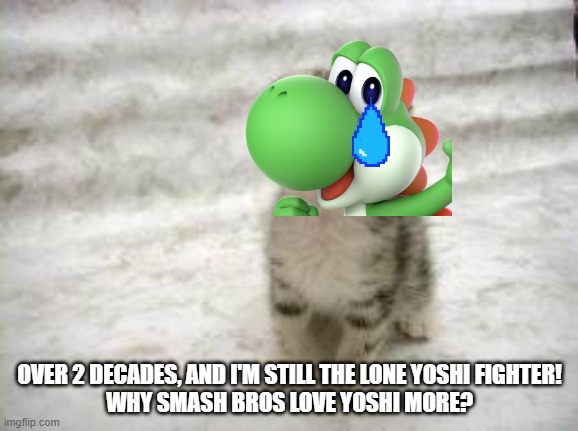 Why Smash Bros love Yoshi more? | OVER 2 DECADES, AND I'M STILL THE LONE YOSHI FIGHTER!
WHY SMASH BROS LOVE YOSHI MORE? | image tagged in memes,sad cat | made w/ Imgflip meme maker