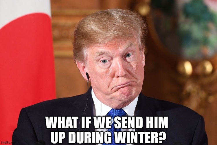 Trump stupid dumb befuddled dumbfounded out of his dapth | WHAT IF WE SEND HIM 
UP DURING WINTER? | image tagged in trump stupid dumb befuddled dumbfounded out of his dapth | made w/ Imgflip meme maker