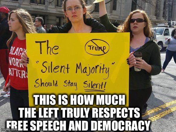 It only applies to them | THIS IS HOW MUCH THE LEFT TRULY RESPECTS FREE SPEECH AND DEMOCRACY | image tagged in liberal logic,liberal hypocrisy,memes,election 2020,donald trump,joe biden | made w/ Imgflip meme maker