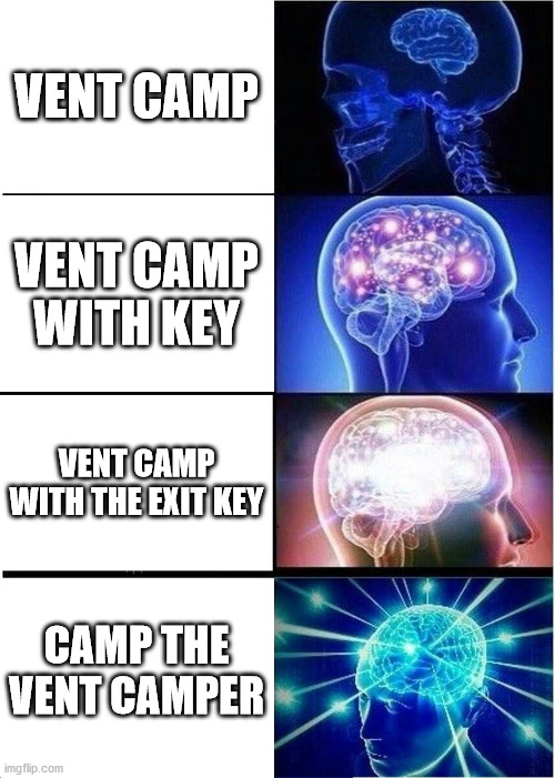 piggy vent campers be like | VENT CAMP; VENT CAMP WITH KEY; VENT CAMP WITH THE EXIT KEY; CAMP THE VENT CAMPER | image tagged in memes,expanding brain,piggy | made w/ Imgflip meme maker
