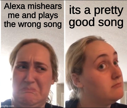 Alexa Stop! .... No wait, alexa play | its a pretty good song; Alexa mishears me and plays the wrong song | image tagged in kombucha girl | made w/ Imgflip meme maker