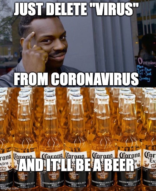 JUST DELETE "VIRUS"; FROM CORONAVIRUS; AND IT'LL BE A BEER | image tagged in memes,roll safe think about it,coronavirus,2020,beer,coronavirus body suit | made w/ Imgflip meme maker