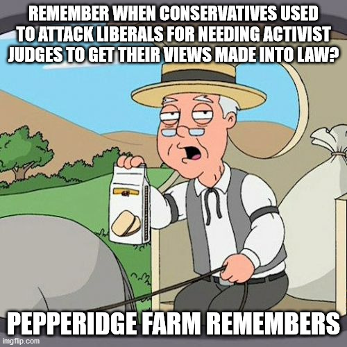 Pepperidge Farm Remembers | REMEMBER WHEN CONSERVATIVES USED TO ATTACK LIBERALS FOR NEEDING ACTIVIST JUDGES TO GET THEIR VIEWS MADE INTO LAW? PEPPERIDGE FARM REMEMBERS | image tagged in memes,pepperidge farm remembers | made w/ Imgflip meme maker