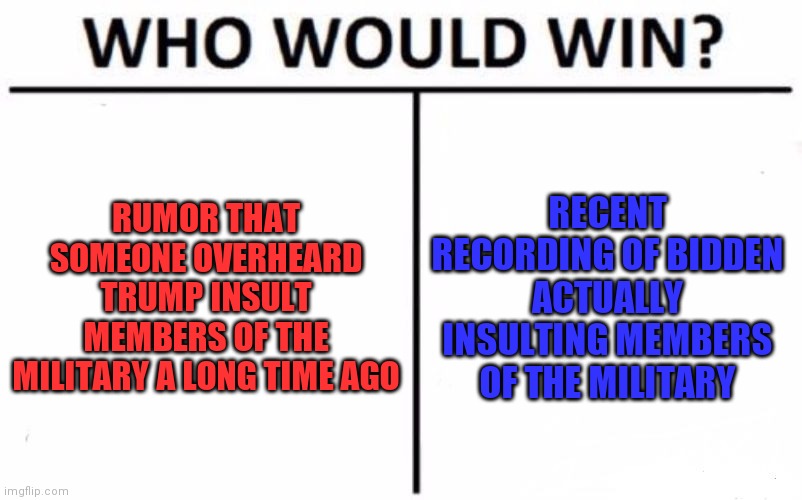 Who Would Win? | RUMOR THAT SOMEONE OVERHEARD TRUMP INSULT MEMBERS OF THE MILITARY A LONG TIME AGO; RECENT RECORDING OF BIDDEN ACTUALLY INSULTING MEMBERS OF THE MILITARY | image tagged in memes,who would win | made w/ Imgflip meme maker