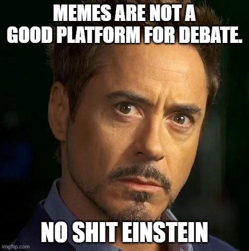 wow  no shit?  I thought memes were .. | MEMES ARE NOT A GOOD PLATFORM FOR DEBATE. NO SHIT EINSTEIN | image tagged in memes,political memes,debate,no shit | made w/ Imgflip meme maker