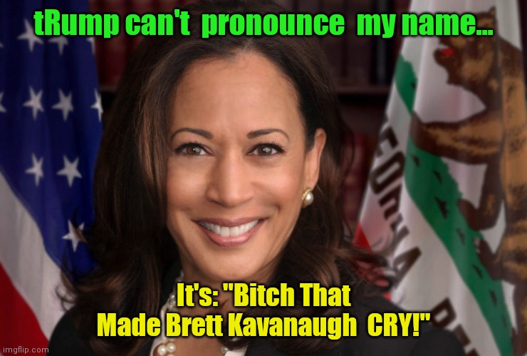 Kamala Harris, Patriot with flag | tRump can't  pronounce  my name... It's: "Bitch That Made Brett Kavanaugh  CRY!" | image tagged in kamala harris patriot with flag | made w/ Imgflip meme maker