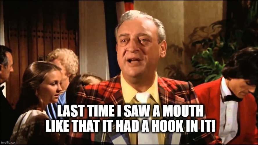 Rodney Dangerfield | LAST TIME I SAW A MOUTH LIKE THAT IT HAD A HOOK IN IT! | image tagged in comedy,caddyshack,big mouth | made w/ Imgflip meme maker