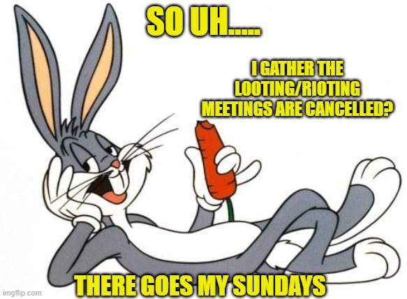 The adventure of bugs bunny | SO UH..... I GATHER THE LOOTING/RIOTING MEETINGS ARE CANCELLED? THERE GOES MY SUNDAYS | image tagged in the adventure of bugs bunny | made w/ Imgflip meme maker