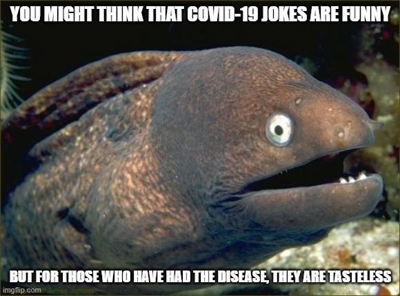 Bad Joke Eel | YOU MIGHT THINK THAT COVID-19 JOKES ARE FUNNY; BUT FOR THOSE WHO HAVE HAD THE DISEASE, THEY ARE TASTELESS | image tagged in memes,bad joke eel | made w/ Imgflip meme maker