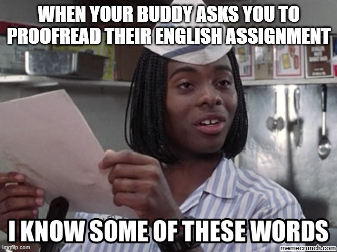 Good Burger | WHEN YOUR BUDDY ASKS YOU TO PROOFREAD THEIR ENGLISH ASSIGNMENT | image tagged in good burger,english,nickelodeon,school,reading,memes | made w/ Imgflip meme maker