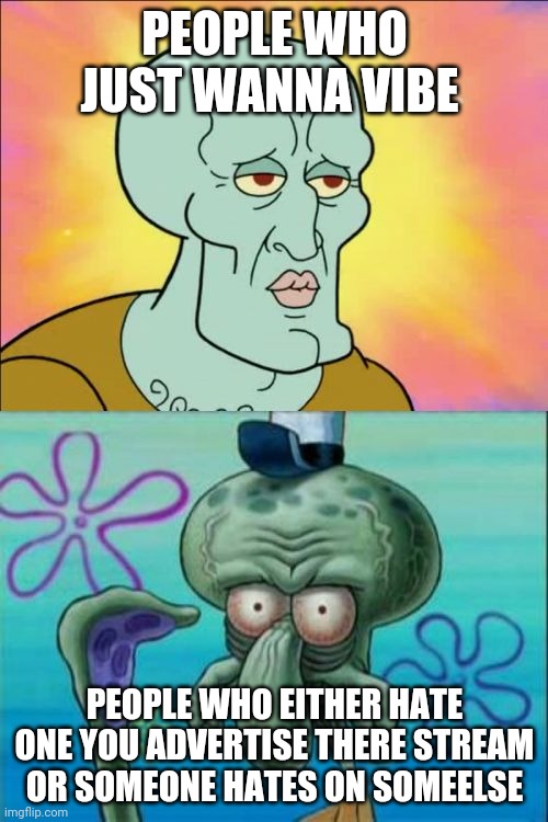 Squidward | PEOPLE WHO JUST WANNA VIBE; PEOPLE WHO EITHER HATE ONE YOU ADVERTISE THERE STREAM OR SOMEONE HATES ON SOMEELSE | image tagged in memes,squidward | made w/ Imgflip meme maker